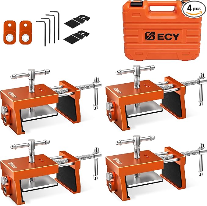 ECY Cabinet Clamps, Cabinet Face Frame Alignment Tool, 4 Pack, Orange | Anodized Aluminum Alloy, Professional Installation Clamps, For Woodworking, Cabinet Installation & DIY Projects