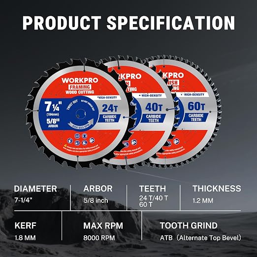 WORKPRO 7-1/4 Inch Woodworking Circular Saw Blades, 24T/40T/60T Framing, General & Finish Combo, Thin Kerf, Carbide Tipped, ATB Tooth, 3-Pack