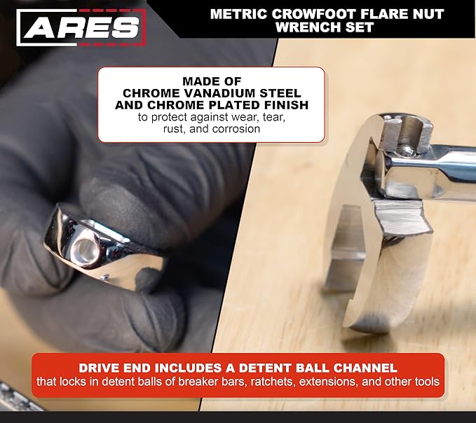 ARES 33010 - 10-Piece Metric Flare Nut Crowfoot Wrench Set