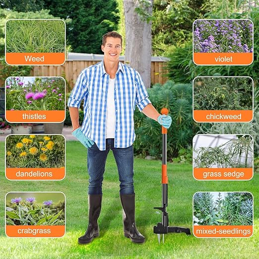 Weed Puller Tool Stand-Up - 40" Long Handle Weed Picker with Leaf Bag, 4 Claws Stainless Steel & Foldable Foot Board, Easy Weeding Removal, No Bending 101.6 cm