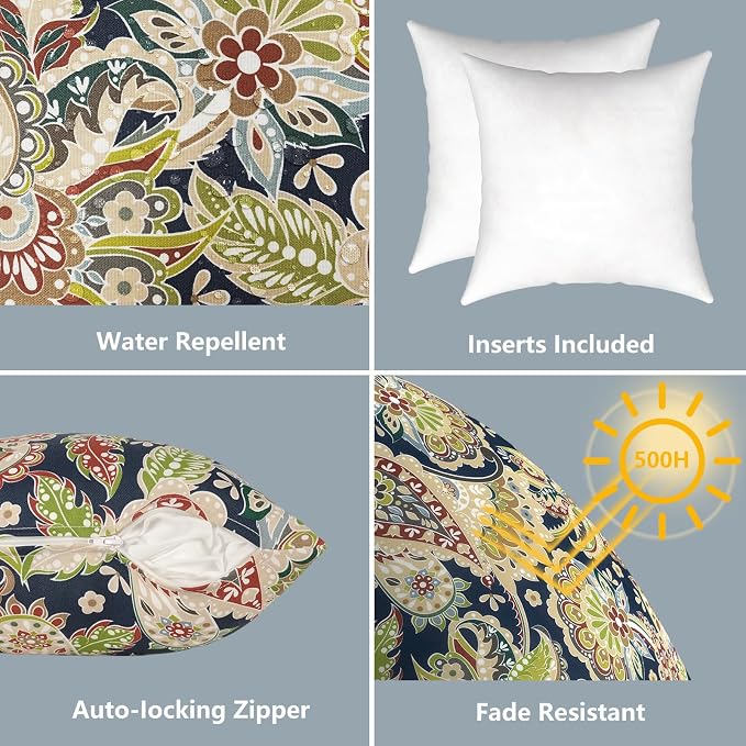 LVTXIII Outdoor Throw Pillows 16x16 Inch, Set of 2 Square Decorative Pillows with Inserts for Patio Furniture, Porch Chair, Garden Sofa, Paisley Bloom