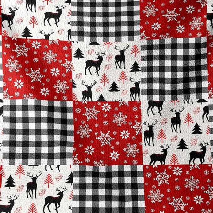 Merry Christmas Patchwork Quilt Set King - Deer Tree Red Snowflakes Checkered Printed Holiday Bedding Set - Soft Microfiber Lightweight Comforter Coverlet Bedspread(Deer Checkered, King(90"x104"))