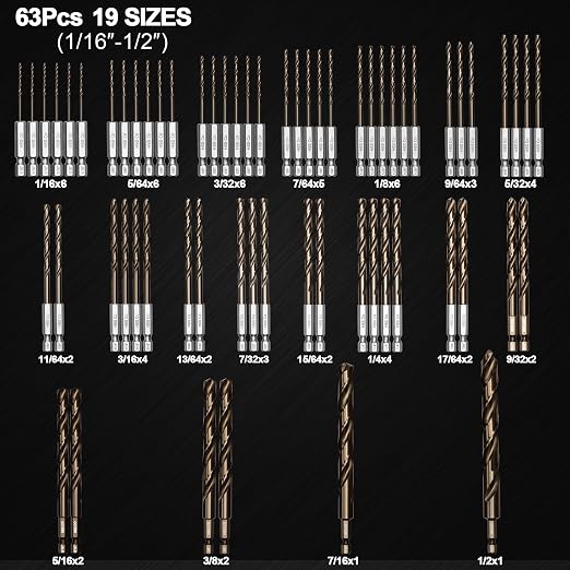 Hex Shank Cobalt Drill Bit Set 63Pcs 1/16"-1/2", M35 HSS Twist Impact Drill Bits for Metal and Hardened Steel, with Indexed Storage Case