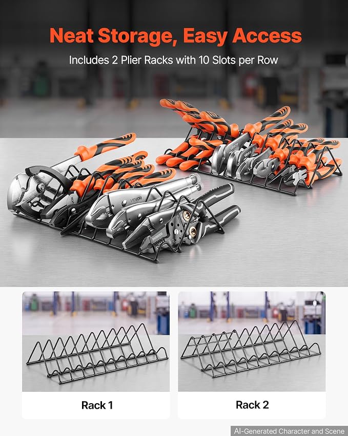 VEVOR Pliers Set 20-Piece Utility Set Polished Carbon Steel Jaw Hand Tools | For DIY & Home Use, Long Nose, Locking, Diagonal, Groove Joint, Snap Ring, Slip Joint Pliers, with 2-Pack Organizer Rack