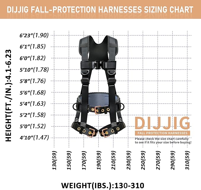 DIJJIG Full Body Safety Harness OSHA/ANSI Compliant for Construction | 5-point adjustable fall protection harness with padded design for roofing and construction work