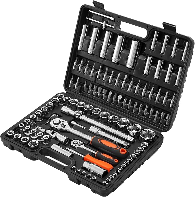 VEVOR Socket Set, 108 Pieces, 1/4 & 1/2 inch Drive Socket and Ratchet Set, Metric Size from 4 to 32 mm, Mechanic Tool Kit with Bits, Accessories, Storage Case, CR-V Alloy Steel, for Automotive Repair | CR-V Socket and Tool Set with Bits, Accessories, S...