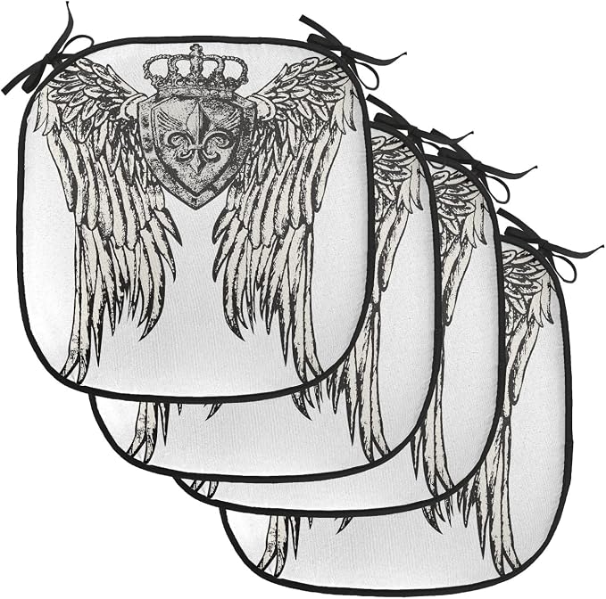 Lunarable Fleur De Lis Chair Cushion Pads Set of 4, Tribal Tattoo Design with Wings Historic Crest Crown and Eagle, Anti-Slip Seat Padding for Kitchen & Patio, 16"x16", Eggshell Black