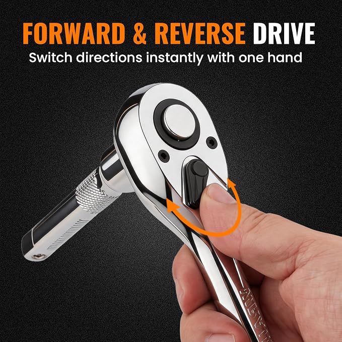 3/8“ 1/4“ 1/2“ Drive 90-Tooth Ratchet Wrench Set with Extension Bar | Socket Wrench, Reversible Design, Quick-Release, Cr-Mo Head, Cr-V Made, 4° Swing Arc, Full Polished