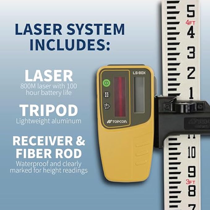 Topcon RL-H5A Laser Transit Leveler Kit - LS-80X Rotary Laser Receiver with Rod Bracket - 36-60in Precision Level 360 Laser Tripod - 13ft Fiber Rod Level Tool with Inch Increments for Construction