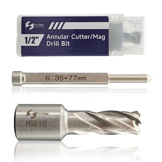 Pro Edge 1-Piece 1/2" Cutting Diameter 1" Cutting Depth Annular Cutter, M2AL HSS Mag Drill Bit with Pilot Pin 3/4" Weldon Shank, for Magnetic Drill Press Steel Plate, Aluminum, Copper