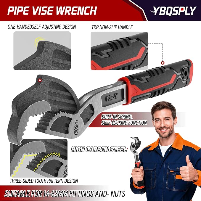 Pipe Wrench Set, 6” 8” 10” 12” Self Adjusting Wrench 4-Piece Plumbing Tools for 0.27“-1.7”/7-43mm Standard Nuts, Irregular Nuts, Pipes Use