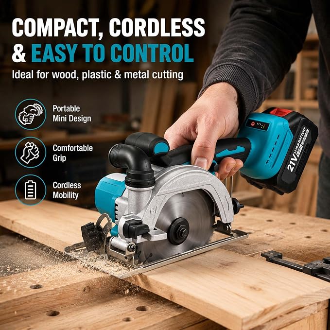 6 Inch Cordless Mini Circular Saw Brushless Motor | 2 Batteries & Charger, 3 Saw Blades Included (5", 5-1/2", 6"), Compact Saw for Wood, Plastic & Metal Cutting