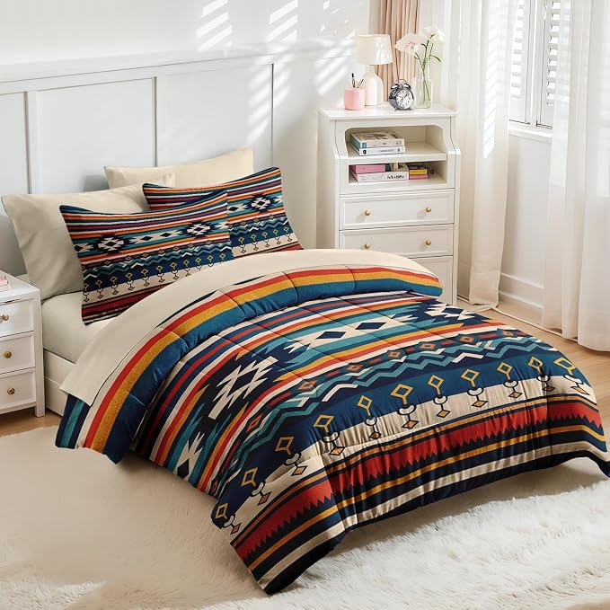 Nesker Comforter Set Twin Size, Southwest Aztec Geometric 5 Pcs Bedding for Kids and Adults, Bohemian Vintage Bed Sheet Sets with Fitted Sheet Pillowcase & Sham