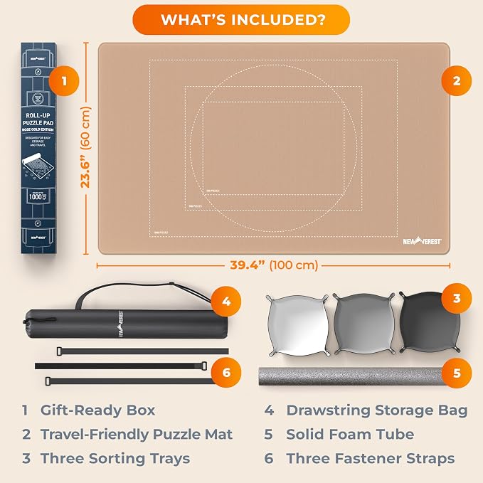 The Original Newverest Jigsaw Puzzle Mat Roll Up, Rose Gold, 39.4” x 23.6” Portable Keeper Up to 1000 Pieces with Non-Slip Rubber Bottom & Smooth Top + 3 Puzzle Sorting Trays & Travel Storage Bag