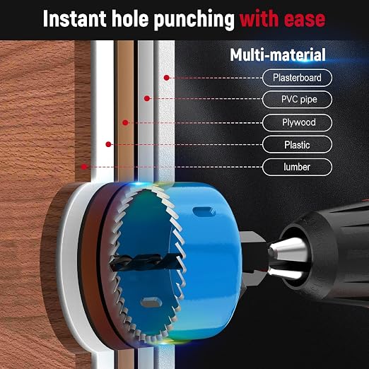 12-Piece Hole Saw Kit, Includes 8 Sizes (3/4" to 2-1/2"), Arbors, Drill Bits, and Hex Key, Ideal for Softwood, Plywood, and PVC（Blue）