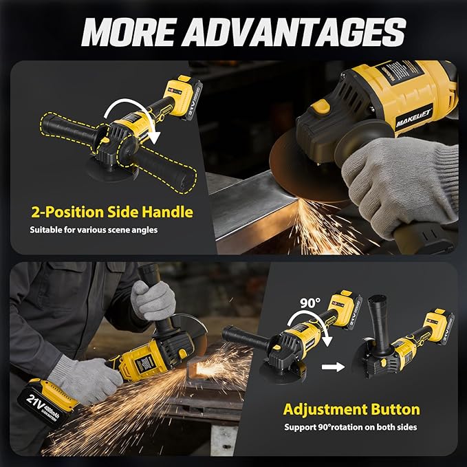 Cordless Angle Grinder 4-1/2 Inch, Brushless Grinder Tool Kit, 2 x 21V 4.0Ah Batteries, 10000RPM Cordless Grinder, Cut Off Tool for Metal Cutting, Grinding, Polishing, Rust Removal (Yellow)