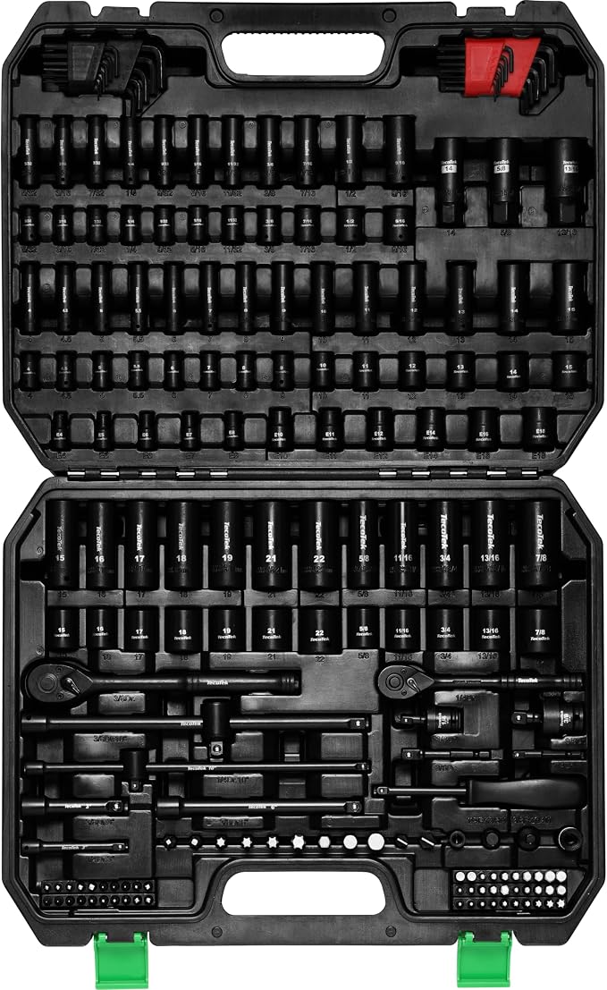 TecoTek 1/4" & 3/8" Dr. Impact Socket Set, 189 Piece Socket Wrench Set Mechanic Tools, Metric and SAE Full Set, CR-V, Deep & Shallow Socket with Ratchet Handle, Spark Plug Socket, Bits for Mechanic