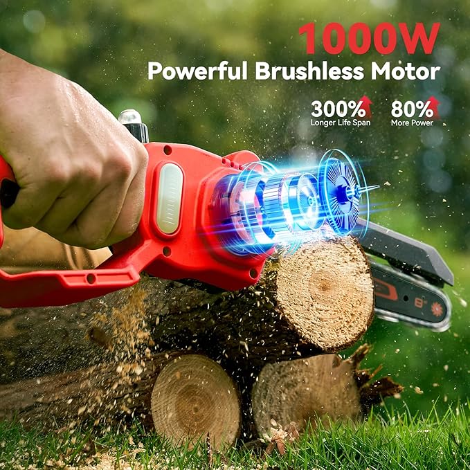 Mini Chainsaw Cordless, 8 Inch & 6 Inch Electric Chainsaw Battery Powered, 1000W Brushless Handheld Power Chain Saw with 2 Batteries, Small Tree Saw for Branch Trimming Wood Cutting