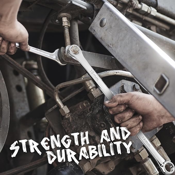 HORUSDY 8-Piece Extra Long Double Box-End Wrench Set, 12-Point Metric 8–24 mm, CR-V Steel, 15° Offset, Off-Corner Loading, with EVA Foam Organizer
