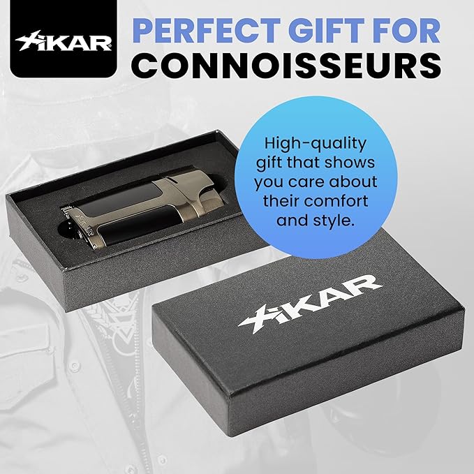 XIKAR ELX Double Jet Flame Butane Torch Lighter with 9mm Cigar Punch – Refillable Butane Lighter with Fuel Window – Wind-Resistant Adjustable Flame – Premium Cigar Accessory – Black with Gunmetal