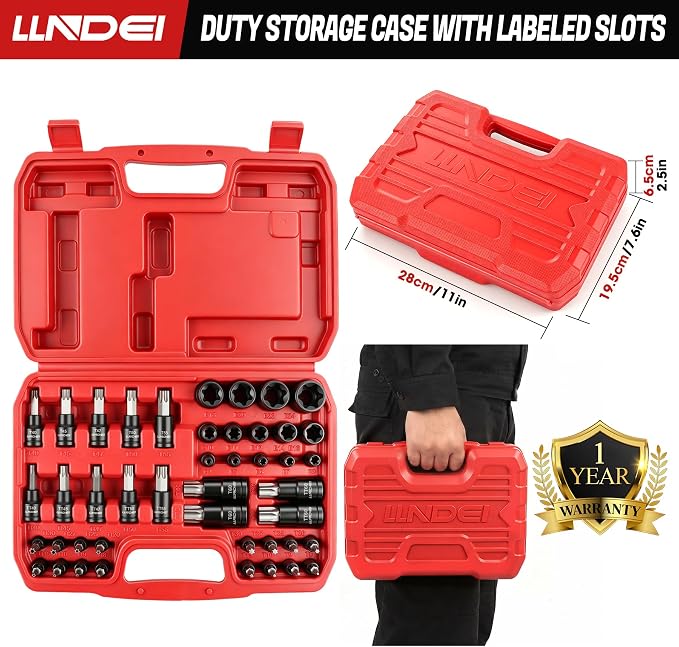 LLNDEI 44PCS E-Socket & Torx Bit Set, Cr-V & S2 Steel | 1/4", 3/8", 1/2" Drive E-Type Sockets with T/TT Torx Bits for Automotive, Machinery Repair
