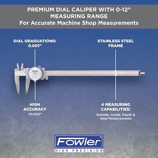 Fowler 52-008-712-0 Premium Dial Caliper with 0-12" Measuring Range, Dial Caliper with Knurled Lock, ±0.002" Accuracy, Case Included, Solid Stainless Steel