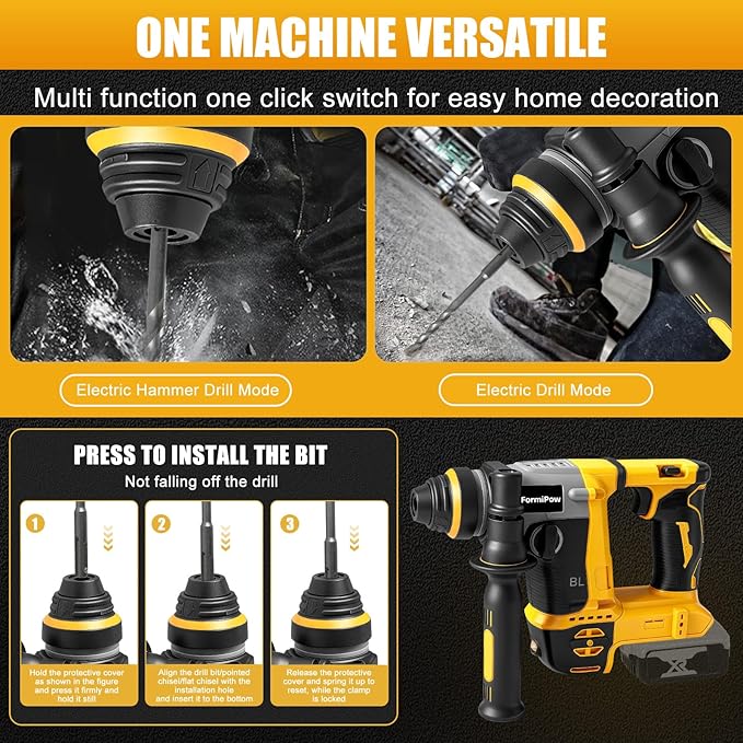 SDS-Plus Rotary Hammer Drill for Dewalt 20V Battery, 3J Impact Brushless Hammer Drill with 2 Mode Operation, Cordless Hammer Drill with 3 SDS Plus Bits & Chisel Set (No Battery)