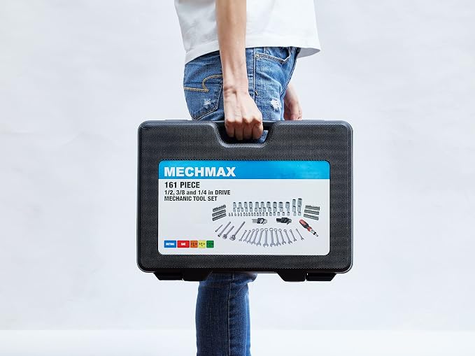 MECHMAX 161-Piece Mechanics Tool Set with SAE Metric Sockets | Premium alloy steel full socket wrench kit. Professional automotive repair hand tool set for garage, car and truck