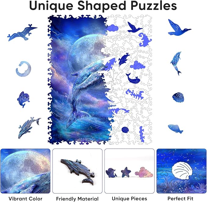 Bovearto Whale Wooden Puzzles for Adults, Unique-Shaped Sea Animal | Jigsaw Puzzle, 200 Pieces, Relaxing Family Game Gift (9.8" x 12.2")