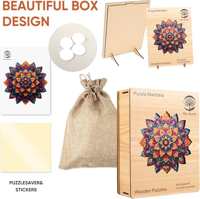 Mys Aurora Purple Mandala Puzzles for Adults 500 Pieces, Colorful Flower Jigsaw Puzzles, Unique Shaped Round Wooden Puzzles for Adults and Kids, Birthday Gift and Family Game, 16.4 x 16.4 Inches