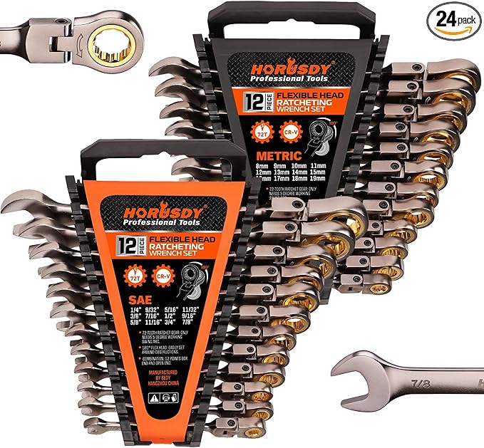 HORUSDY Flex-Head Ratcheting Combination Wrench Set,24-Piece Flex-Head Ratcheting Wrench Set(Metric and SAE)