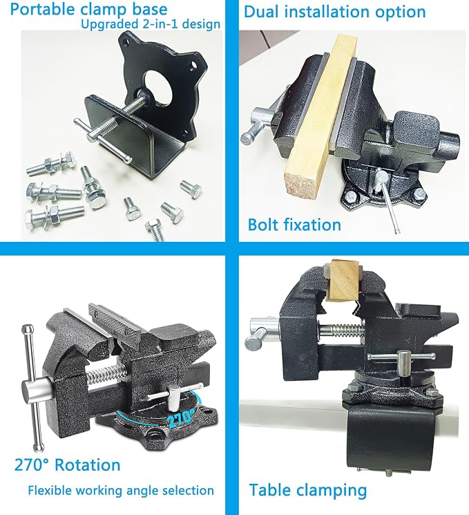 MYTEC 2-In-1 Work Bench Vise, Upgraded Multi-Purpose Table Vice, Universal Rotate 270°Work Clamp-On Vise, 4.5" black