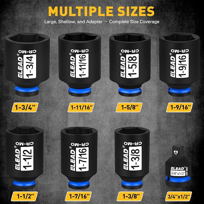 1/2'' Drive Deep Impact Socket Set, 8-Piece SAE Wheel Axle Nut Wrench Large Sockets Standard Adapter 1-11/16 1-9/16 1-3/8 1-7/16 1-1/2 1-5/8 1-3/4 Imperial Spindle Joint Torque Bearing Locknut Truck