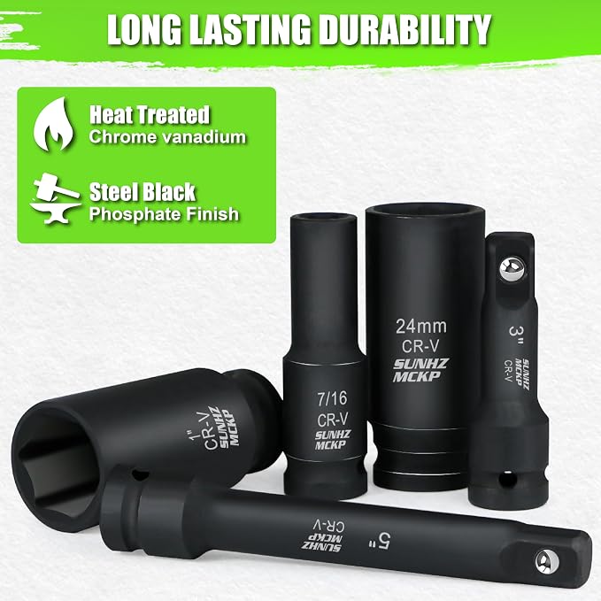 SUNHZMCKP 30-Piece 1/2" Drive Impact Socket Set, SAE (3/8"- 1") and Metric (10mm-24mm) Deep Socket Set, Including Impact Extension Bar 3 ", 5", 10" and 1/2" Socket Adapter, 6 Point Design, CR-V