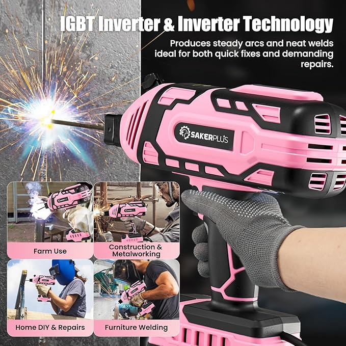 SakerPlus Portable Welding Machine, 110V Portable Welder Handheld, ARC Portable Welder with IGBT Inverter 5 Variable Current Adjustment, Helmet,Carring Case Included(Pink,25pcs 3/32" Wire Rods)
