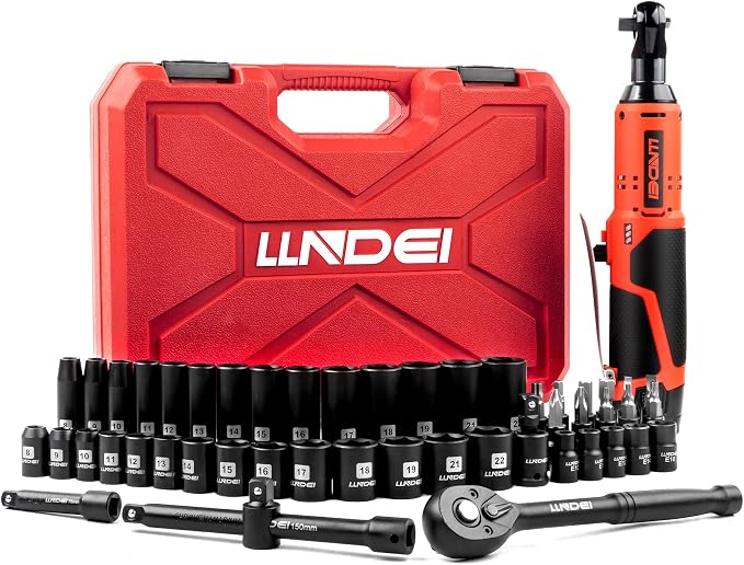 LLNDEI 3/8" Cordless Electric Ratchet Wrench Set 52Pcs | 40FT-LBS Torque, Variable Speed, LED Light, Includes Sockets & Adapters, Ideal for Automotive Repair, DIY Garage