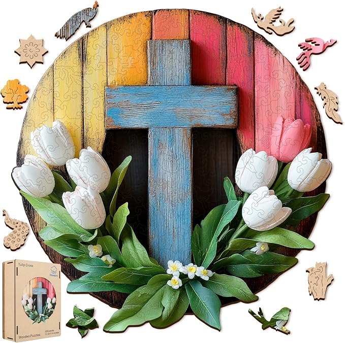 Pikoqunc Wooden Puzzles for Adults,Tulip Cross Laser-Cut Jigsaw with Premium Smooth Wood Texture,Relaxing Art Puzzle Gift for Friends and Family in Exquisite Box, 201 Pieces 11.4x11.3 Inches