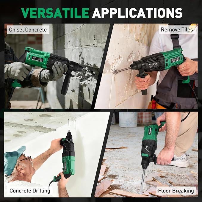 1 Inch SDS-Plus Rotary Hammer Drill, 8Amp, 3.0J 4 Functions Variable Speed Hammer Drill with Safety Clutch for Concrete Demolition Chipping,3 Drill Bits, 2 Chisels, 1 Adapter