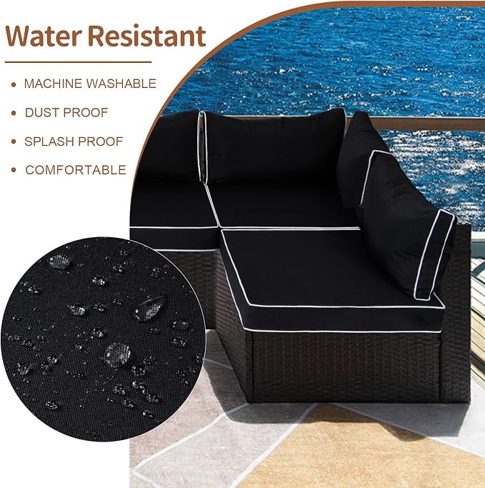 14 Piece Outdoor Patio Cushion Covers Replacement, Waterproof Outdoor Furniture Cushion Covers, Fit 7 Pcs 6 Seater Wicker Rattan Conversation Sofa Set, Black+White Piping(Only Cover) 25.6x25.6"