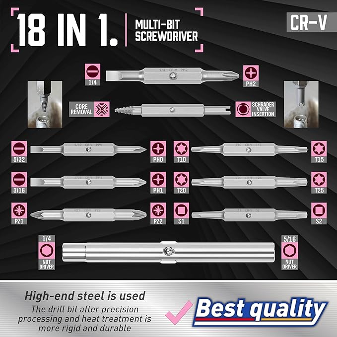 Amartisan 18-in-1 Multi-bit Screwdriver Set Tool All in One, Portable Multi-Purpose Screwdriver, Slotted/Philips/Pozi/Torx/Square,Nut Driver (Pink)