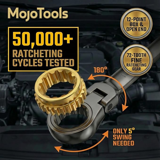 3/8 Inch Flex-Head Ratcheting Combination Wrench, SAE Standard, 72-Tooth 12-Point Ratchet Box End & Open-End Spanner, CR-V Steel, Nickel-Plated for Durability