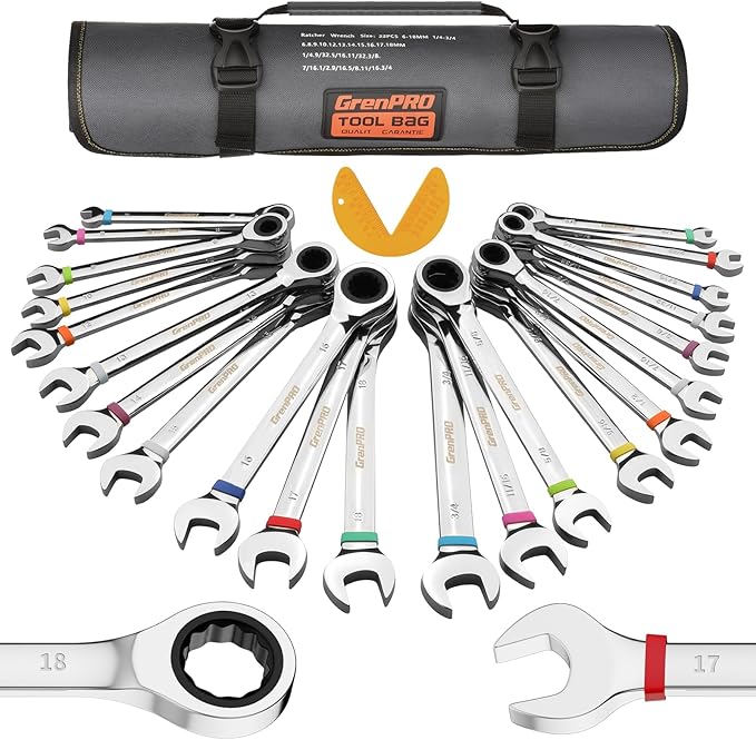 GRENPRO Ratcheting Wrench Set, 23PCS Combination Wrench Sets, Wrench Set Metric and Standard & SAE, 6-18mm & 1/4" to 3/4" with Color Ring, Ratchet Set With Roll Up Pouch, CRV Socket Mechanic Tool Sets