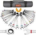 GRENPRO Ratcheting Wrench Set, 23PCS Combination Wrench Sets, Wrench Set Metric and Standard & SAE, 6-18mm & 1/4" to 3/4" with Color Ring, Ratchet Set With Roll Up Pouch, CRV Socket Mechanic Tool Sets