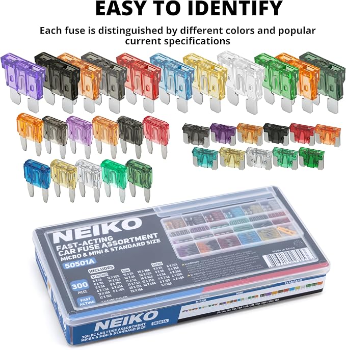 NEIKO 50501A Car Fuse Master Assortment Set, 300pc, Fast Acting, Auto Fuses Kit, Standard, Micro & Mini Sizes, 2A, 3A, 5A, 10A, 15A, 20A, 30A, 35A & 40 Amp, Marine Boat, Automotive, RV, Car Fuse Kit