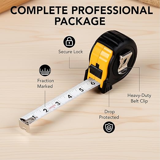 Mr. Pen- Retractable Tape Measure 25 ft, Yellow, Easy Read, Steel Retractable Measuring Tape with Fractions, Ideal for Construction & DIY Projects