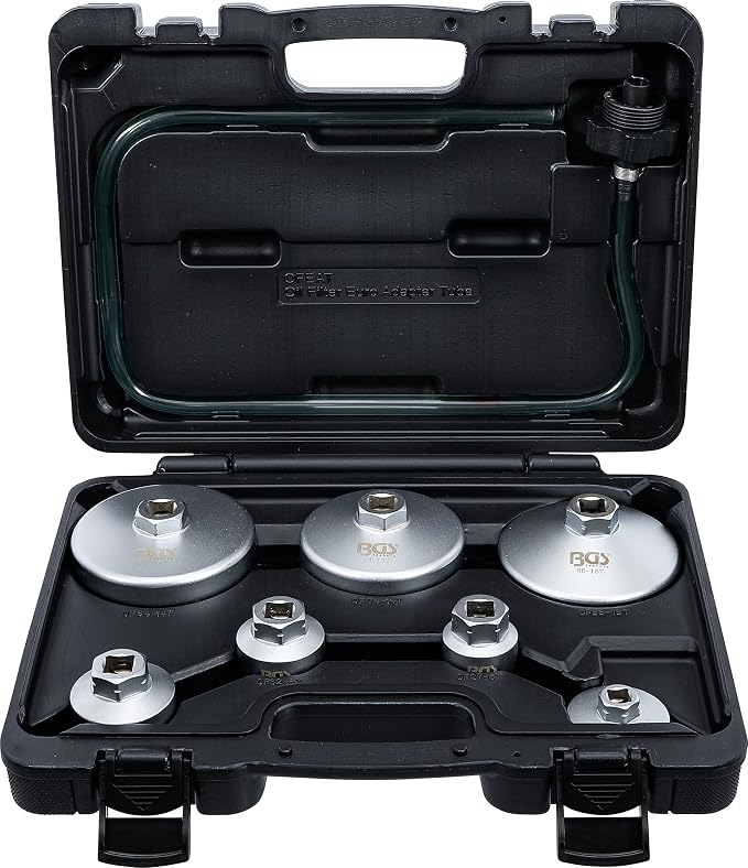 BGS 72054 | Oil Filter Wrench Set | with Oil Filter Drain Hose | for VAG, BMW, Citroën, Peugeot, Ford, Mercedes-Benz, Opel / Vauxhall, Volvo | 8-pcs.