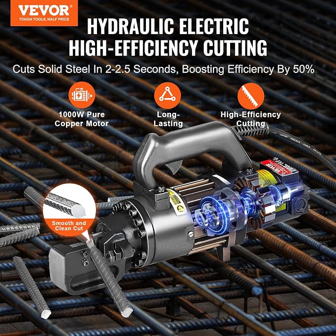 VEVOR Electric Hydraulic Rebar Cutter, 1000W Portable Rebar Cutter, Cutting up to 3/4 Inch #6 4-20mm Rebar within 2.5 Seconds, High Power Steel Rebar Cutter with Oil Can Rich Accessories,Black RC-20