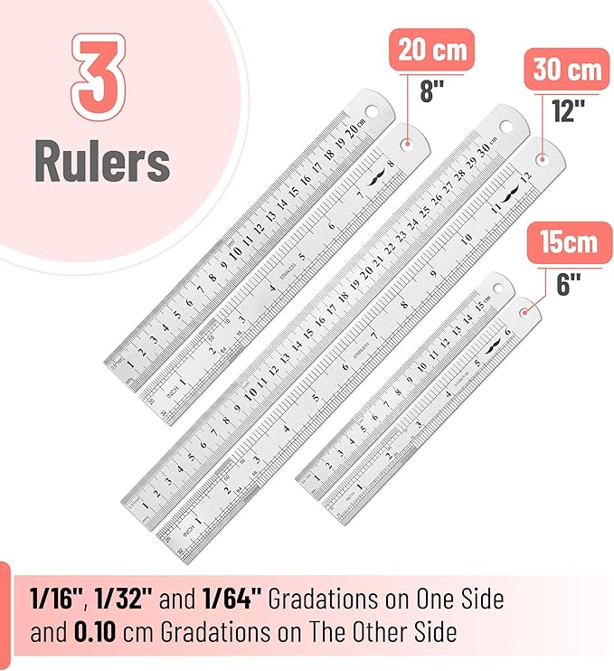 Mr. Pen- Metal Straight Edge Ruler, 3 pcs, 6", 8", 12", Stainless Steel Ruler Set, Imperial & Metric Measurements for Drawing, Home, Office, Engineering