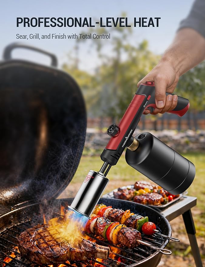 ThermoMaven Propane Torch with One-Touch Max Fire, Cooking Blow Torch Gun with Safety Lock, Charcoal Lighter, Flame Thrower, Gas Welding Kit Kitchen Food Torch Head for Grill, Sous Vide, BBQ, Red