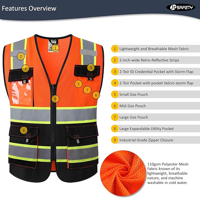 JKSafety Hi Vis Reflective Safety Vests for Men Women High Visibility Vest with Pockets Mesh Fabric Construction Safety Apparel Neon Vest for Work (220-OBlack L)